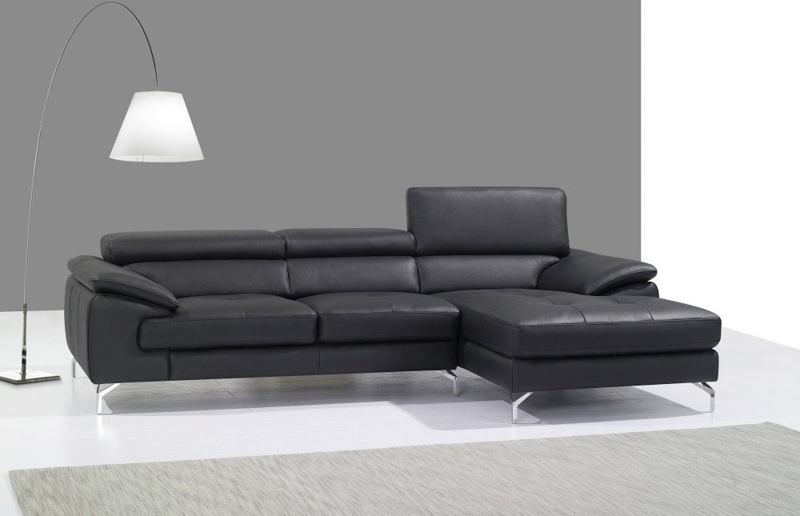 Black Leather Mini Sectional with Adjustable Headrests and Flared Arms