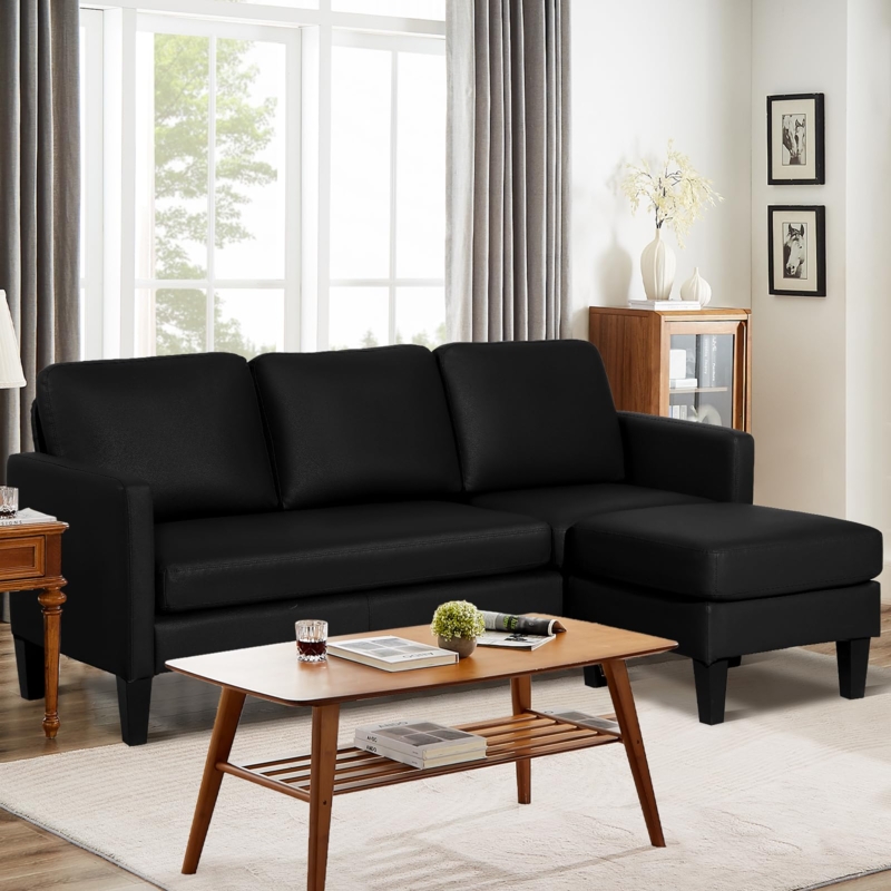Black Leather Sectional Convertible Ottoman Small Space Couch