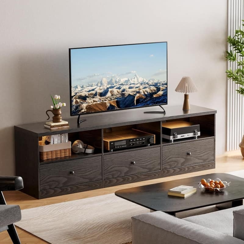 Black Media Console, Wood Grain Texture, Three Drawers, Minimalist.