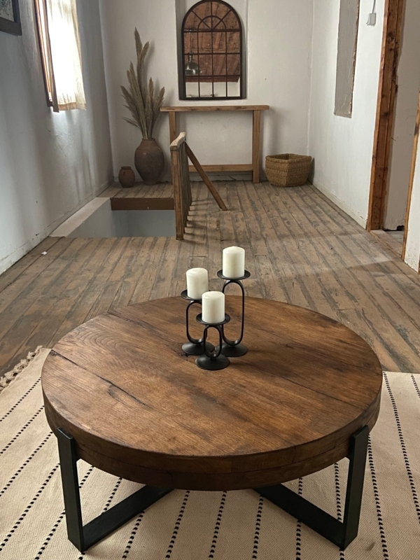 Black Metal Cross Base Coffee Table Round Thick Wood Top
