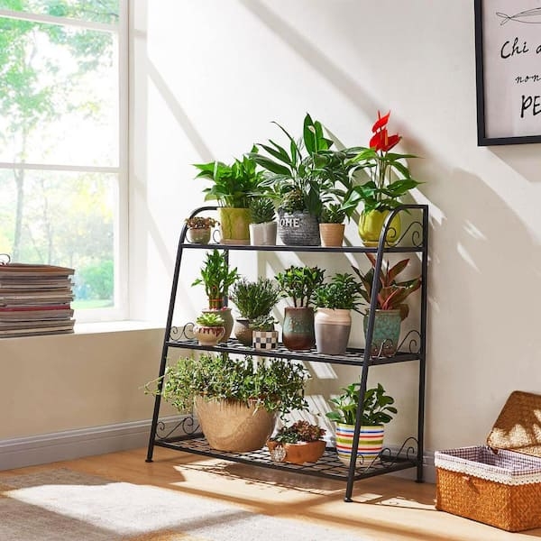 Black Metal Ladder Plant Stand with Scrollwork Accents