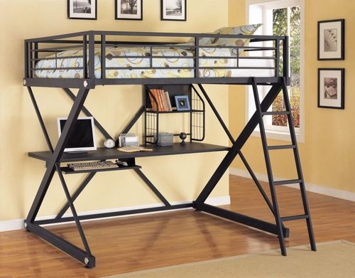 Black Metal Loft Bed with Z-Frame Design and Wire Storage Shelving