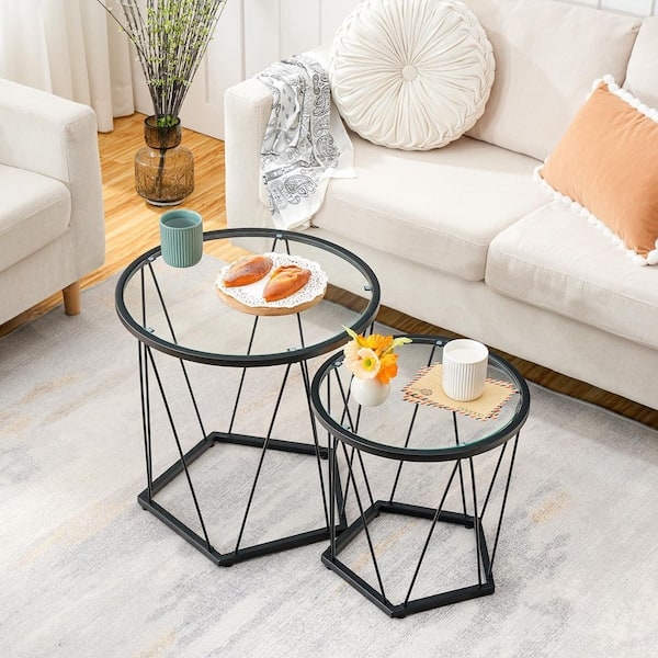 Black Metal Nesting Tables Round Glass Geometric Wire Base