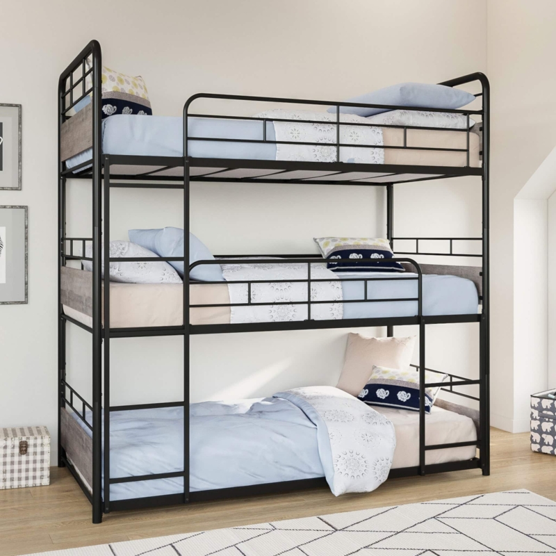 Black Metal Triple Bunk Bed Weathered Gray Wood Panels