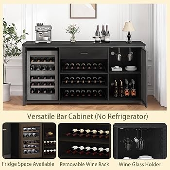 Black Oak Bar Cabinet Sideboard with Integrated Fridge Niche and Rack