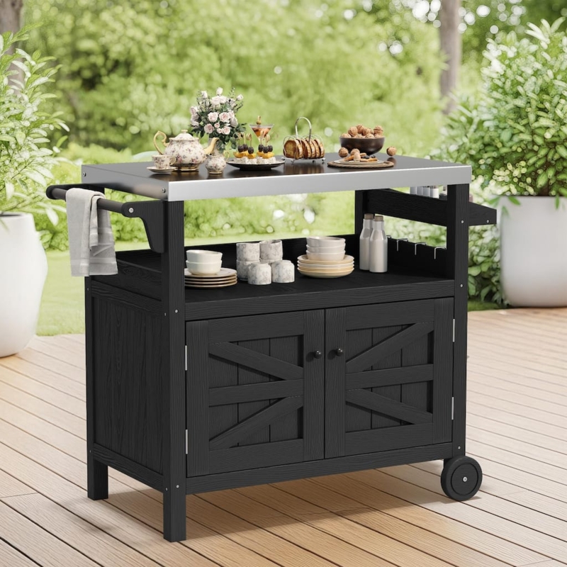 Black Outdoor Prep Station Cart with Stainless Steel Top