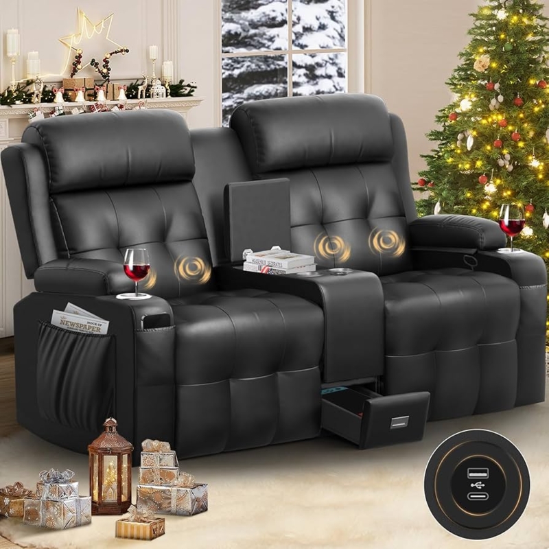 Black Reclining Loveseat: Tufted Back, Massage & Storage Drawer