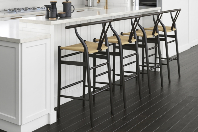 Black Scandinavian Bar Stool, Matte Finish Wishbone with Woven Seat.