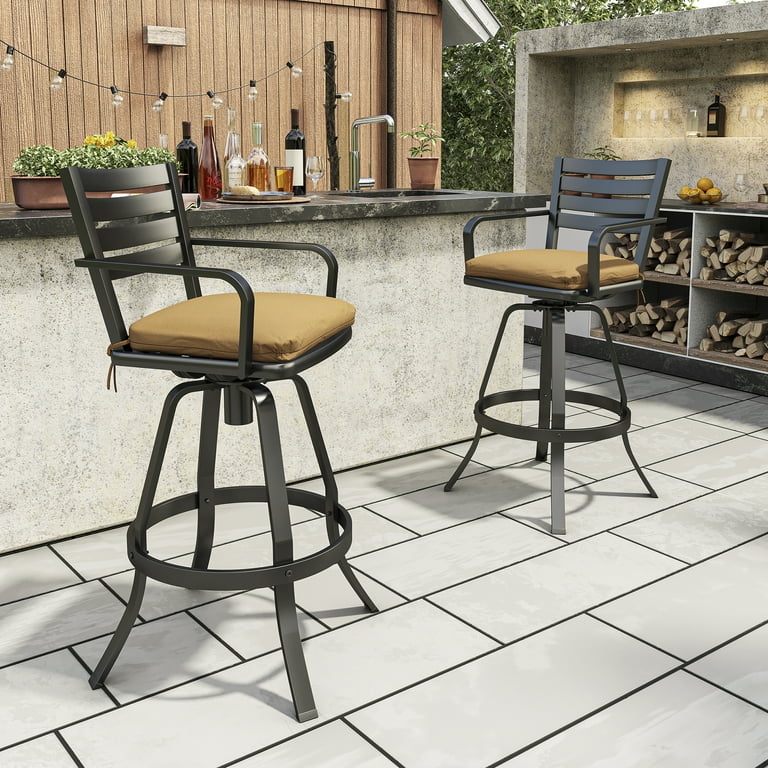 Black Swivel Bar Stools Cast Aluminum Slatted Backrest