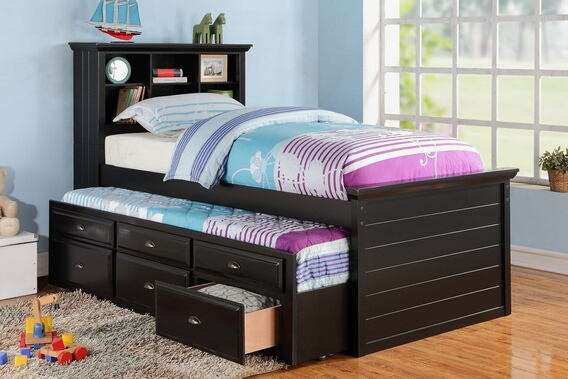 Black Trundle Bed with Drawers, Recessed Paneling, Metallic Knobs