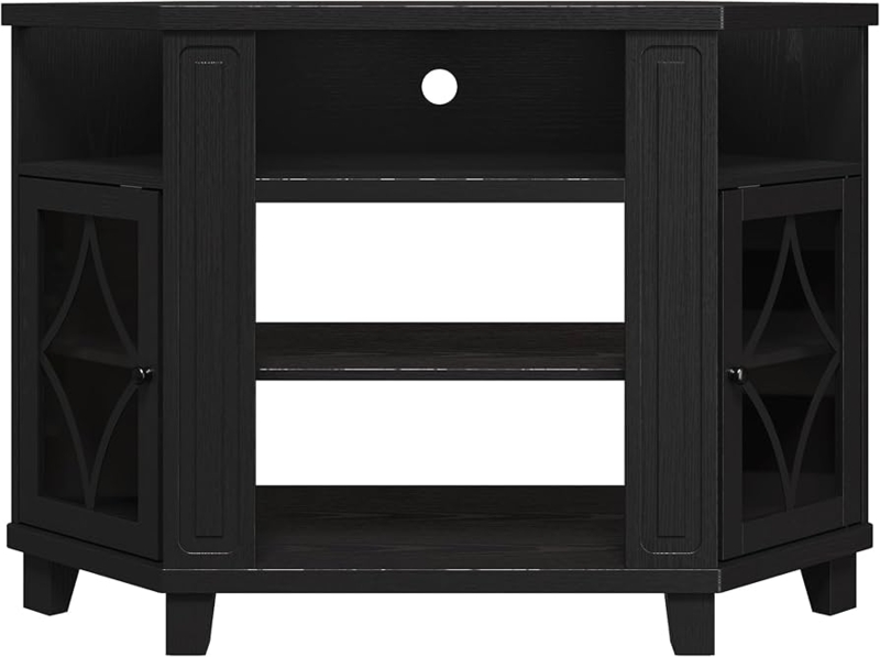 Black TV Stand Glass Doors: Satin Finish Corner Unit with Diamond Muntins