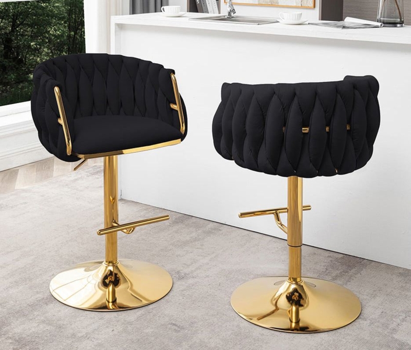 Black Velvet Bar Stool with Braided Backrest and Polished Gold Frame