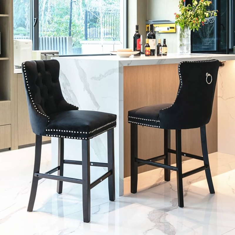 Black Velvet Bar Stool with Chrome Nailhead Trim & Ring Pull