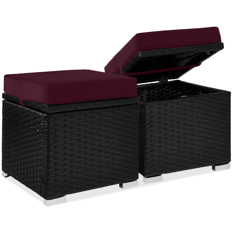 Black Wicker Storage Ottomans Burgundy Cushions Hinged Lid