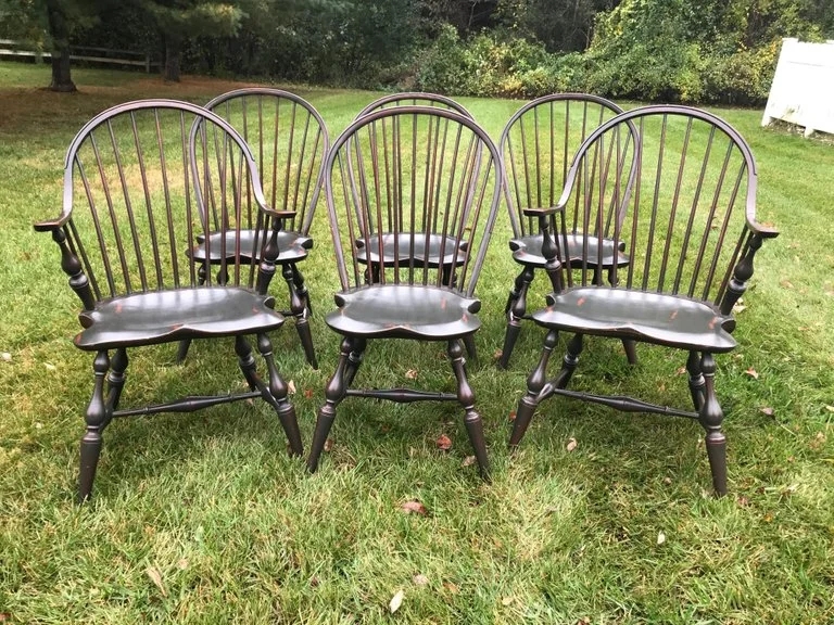 Black Windsor Armchairs Distressed Hoop Back Spindle