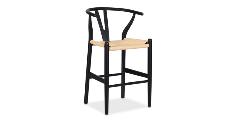 Black Wishbone Stool, Organic Modern Style with Natural Cord Weave.