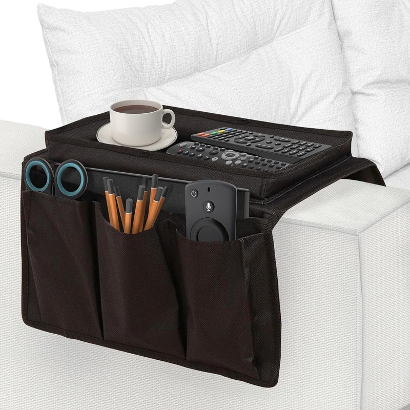 Black Woven Armrest Organizer Integrated Tray Top Side Hanging