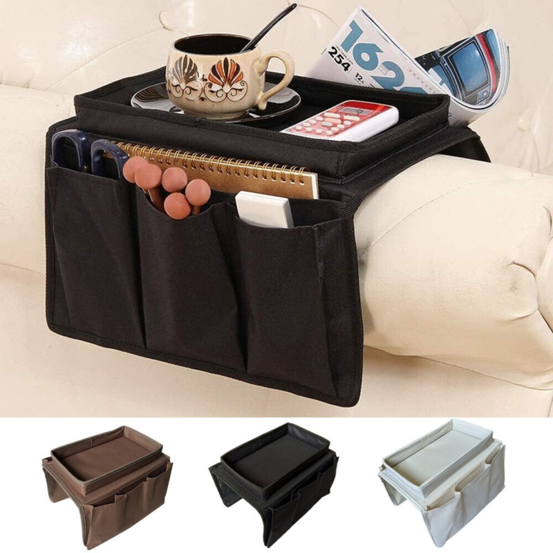 Black Woven Armrest Organizer Recessed Top Tray Side Pockets