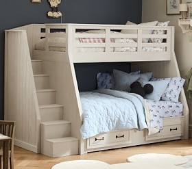 Bleached Bone Twin over Full Bunk Bed with Side Staircase and Drawers