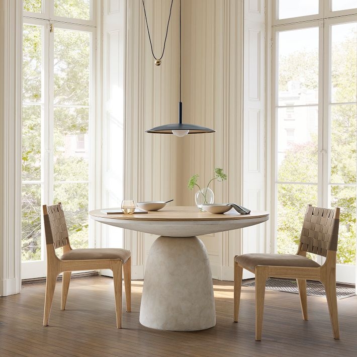 Blonde Wood Round Dining Table with Stone-Like Pedestal Modern Organic