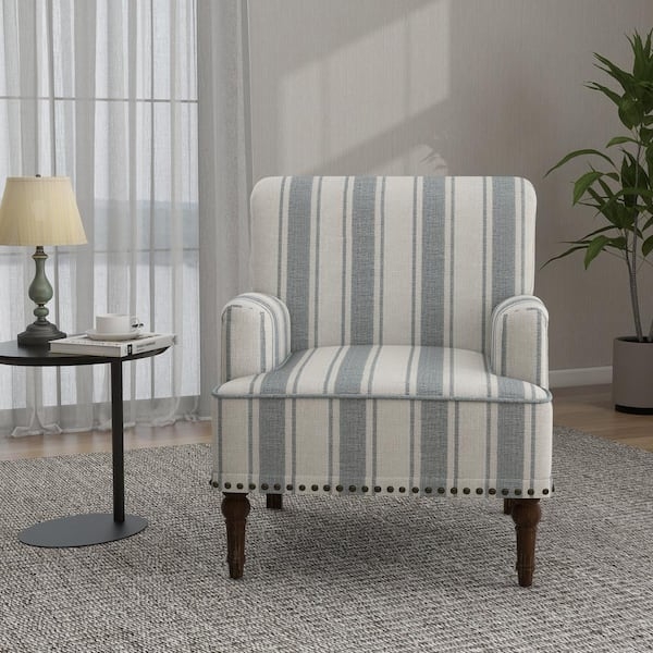 Blue and Beige Stripe Accent Chair, Nailhead Trim, Turned Legs