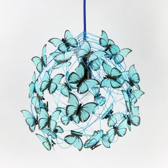 Blue Butterfly Pendant Light: Wire Orb Sphere, Clip On Attachments.