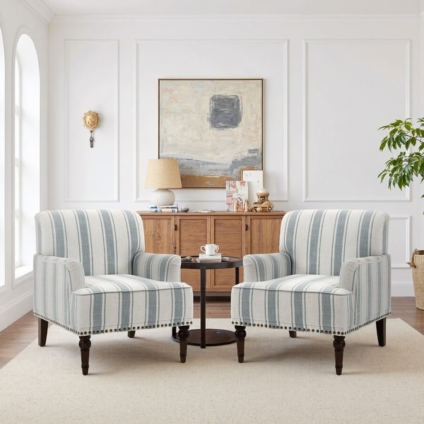Blue Grey Stripe Accent Chair, Turned Legs, Nailhead Trim Coastal