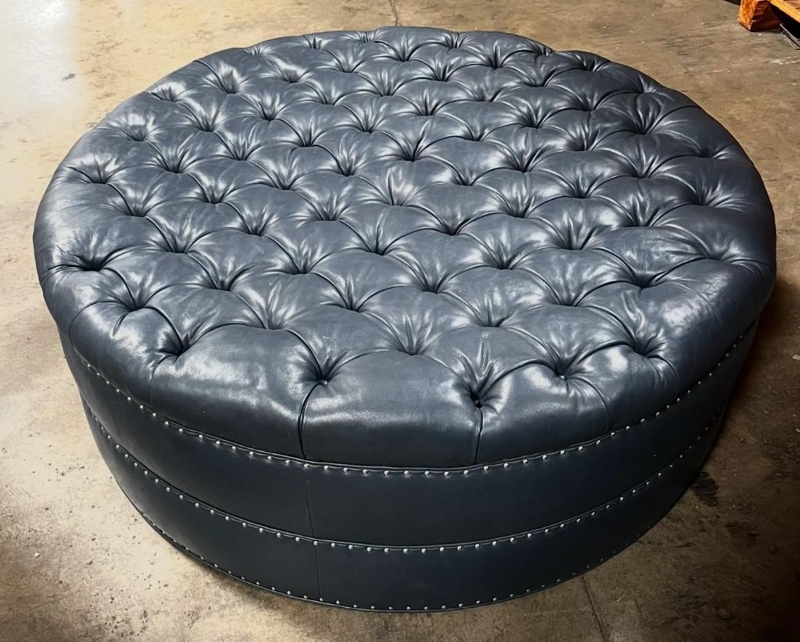 Blue Leather Tufted Round Ottoman | Chairish