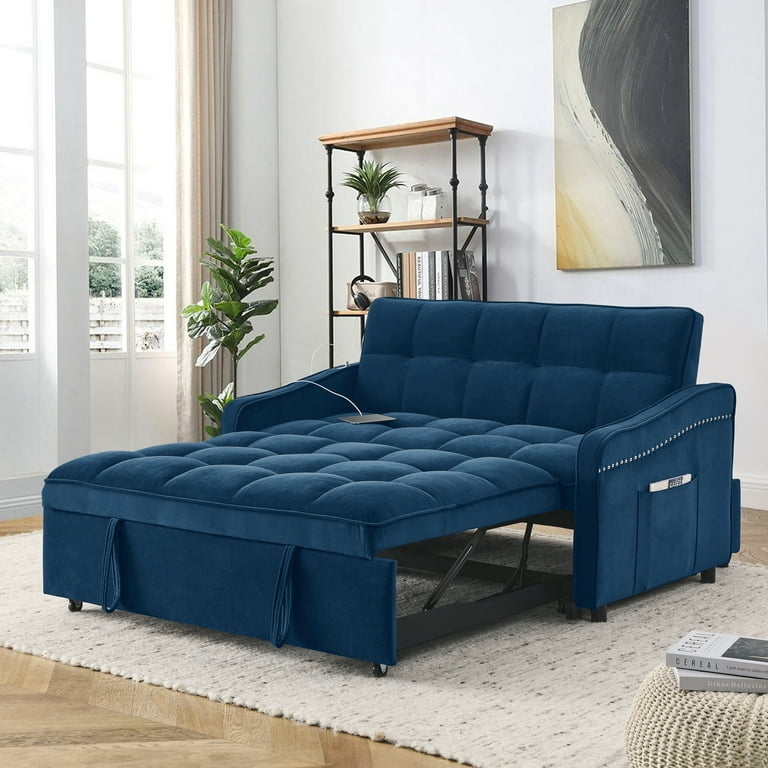 Blue Velvet Sleeper Sofa with Nailhead Trim and USB Ports