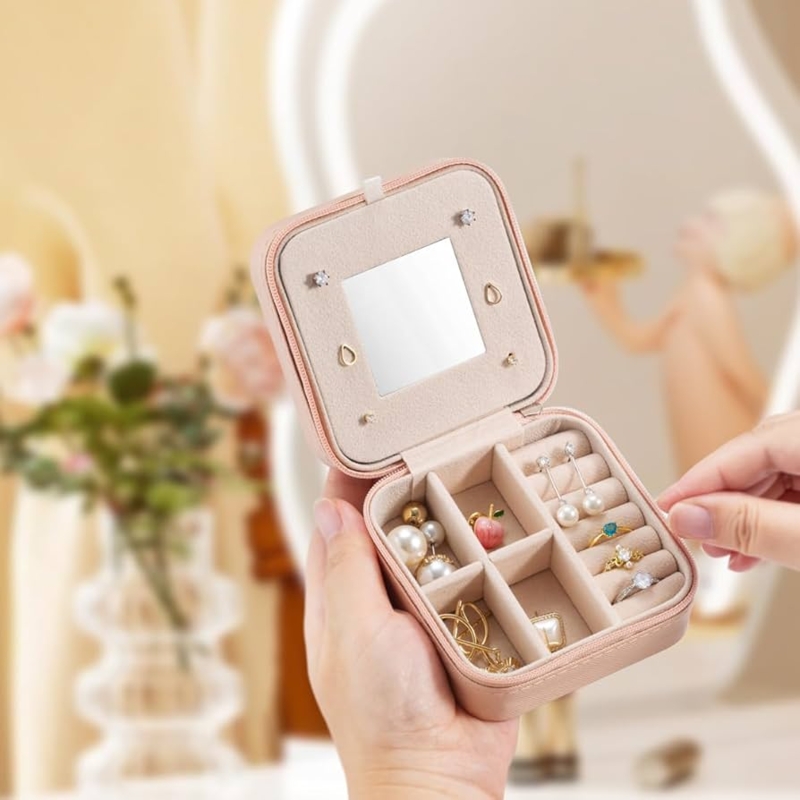 Blush Organizer Box, Textured Leather-Like Case with Vanity Mirror