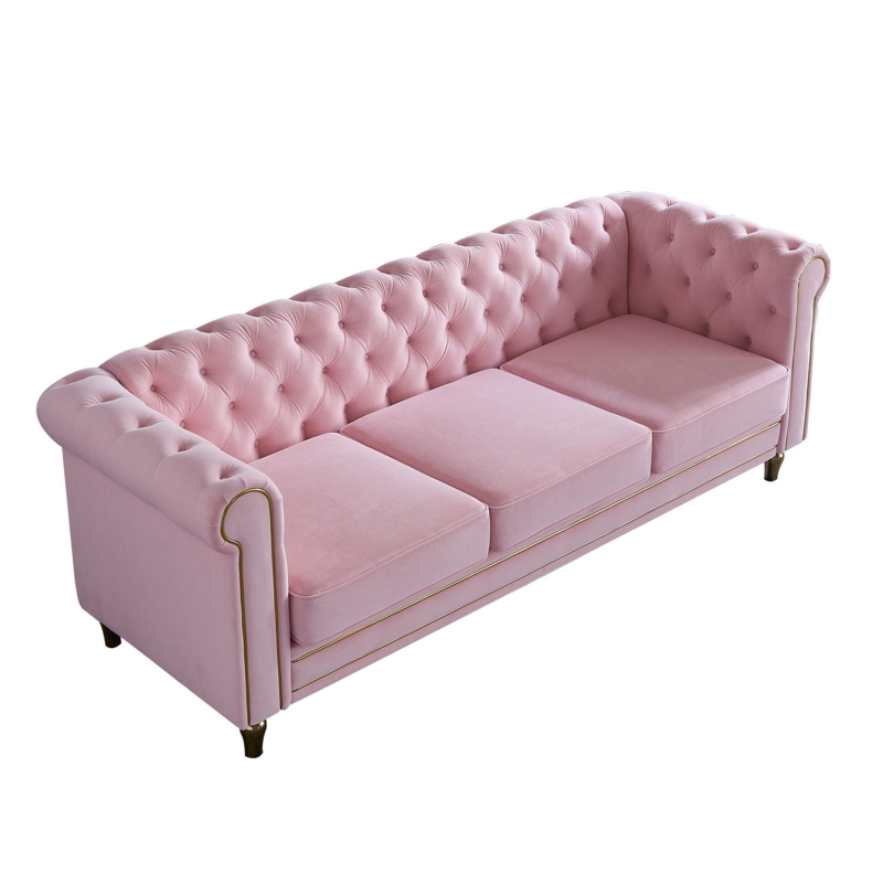 Blush Pink Chesterfield Sofa with Gold Trim Accents and Rolled Arms