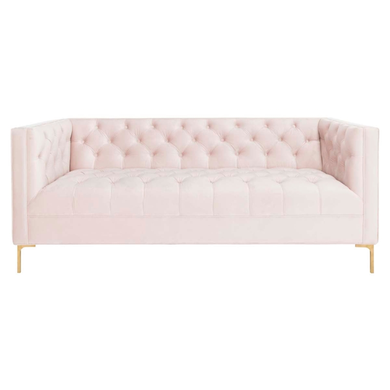 Blush Pink Tuxedo Sofa with All-Over Diamond Tufting and Gold Bracket Legs