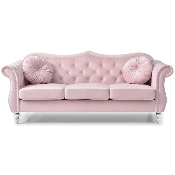 Blush Pink Velvet Sofa with Diamond Tufted Back and Silver Sculpted Legs