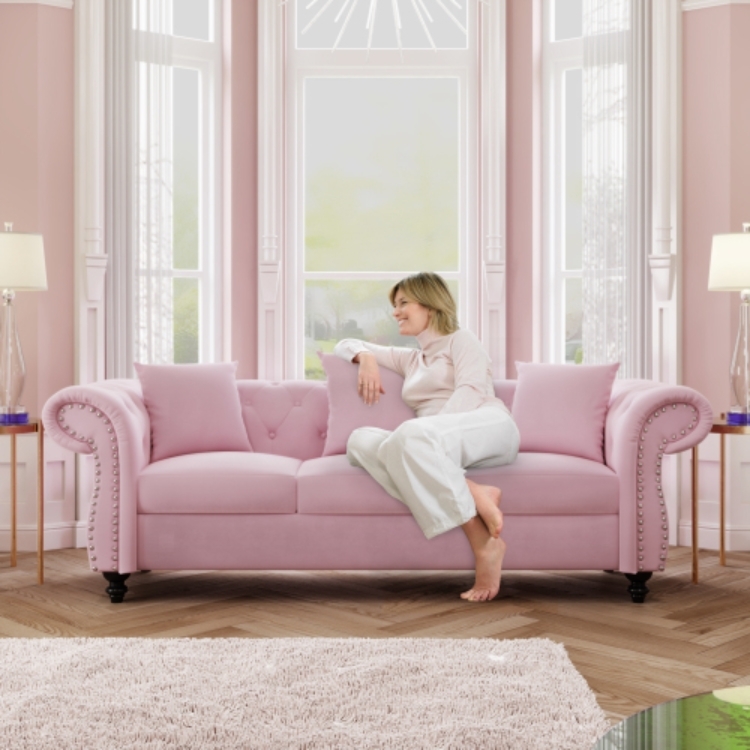 Blush Pink Velvet Three-Seater Sofa with Diamond Tufting and Nailhead Trim