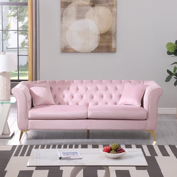 Blush Pink Velvet Tufted Sofa with Diamond Tufting and Gold Tapered Legs
