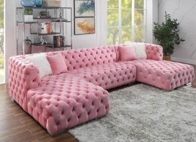Blush Pink Velvet U-Shaped Double Chaise Sectional with Deep Tufting