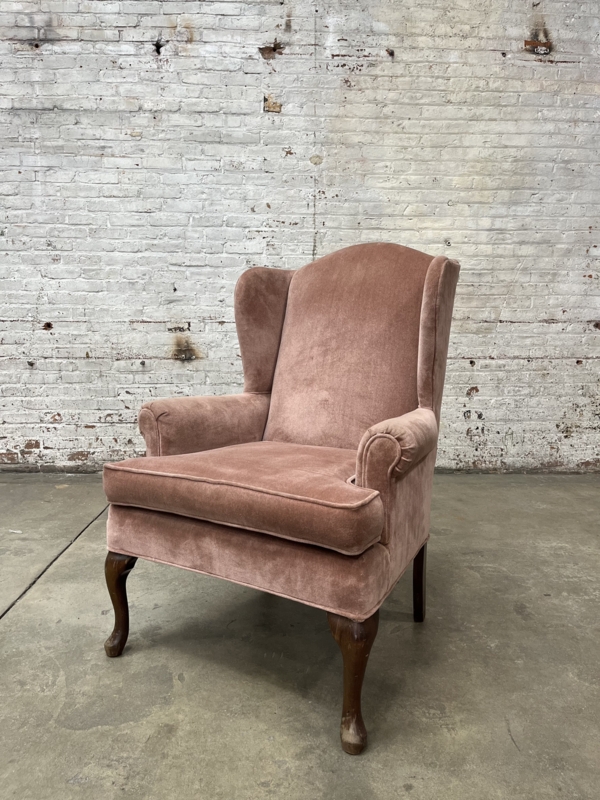 Blush Pink Velvet Wingback Chair with Cabriole Legs & Vintage Style