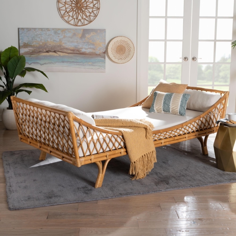 Boat Shape Rattan Daybed, Lattice Weave, Splayed Legs