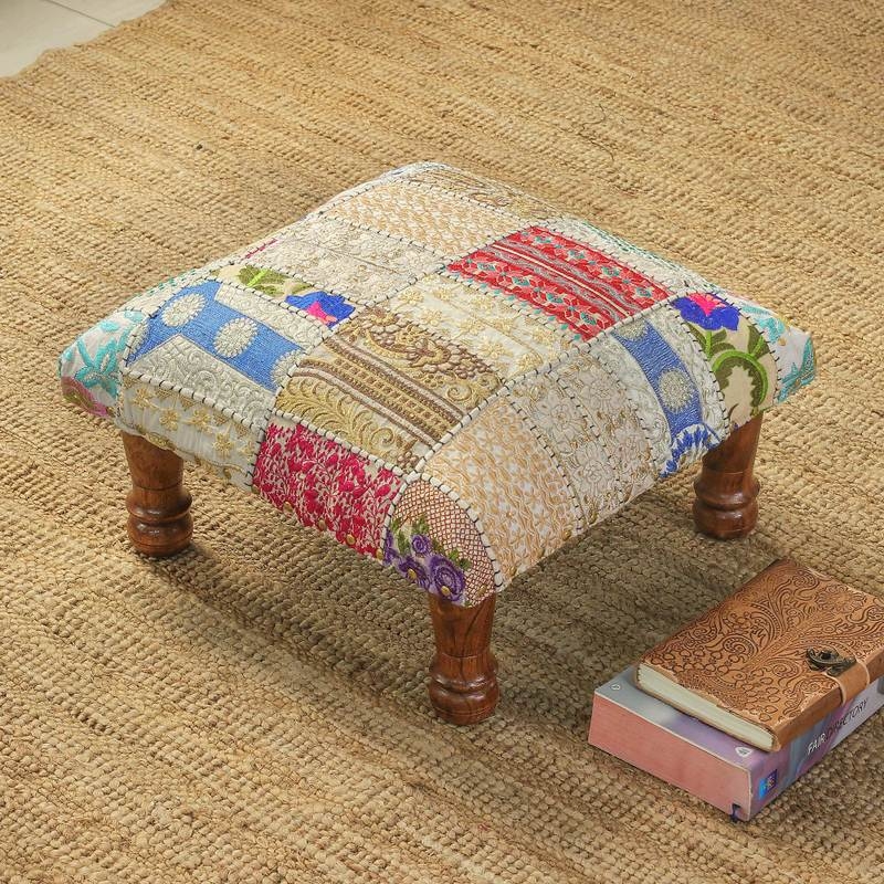 Bohemian Embroidered Footstool: Turned Wood Legs & Patchwork Design
