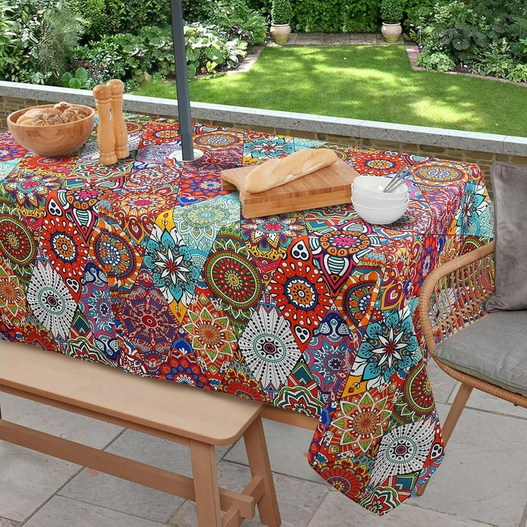 Bohemian Outdoor Table Decor Mandala Print Umbrella Hole Vintage Picnic