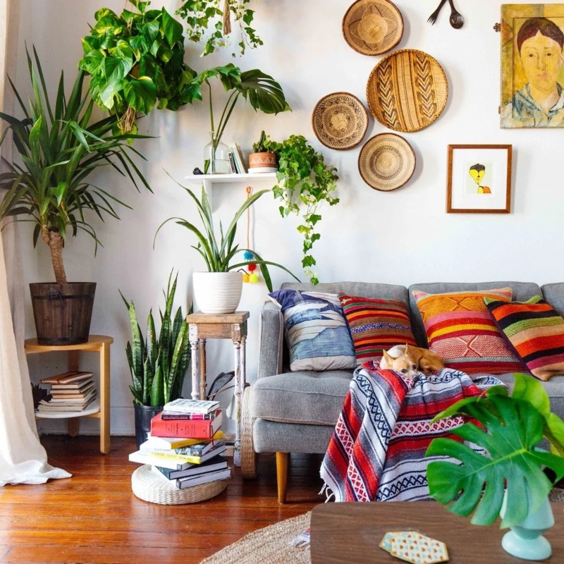 Bohemian Tropical Sofa with Woven Wall Baskets and Kilim Pillows