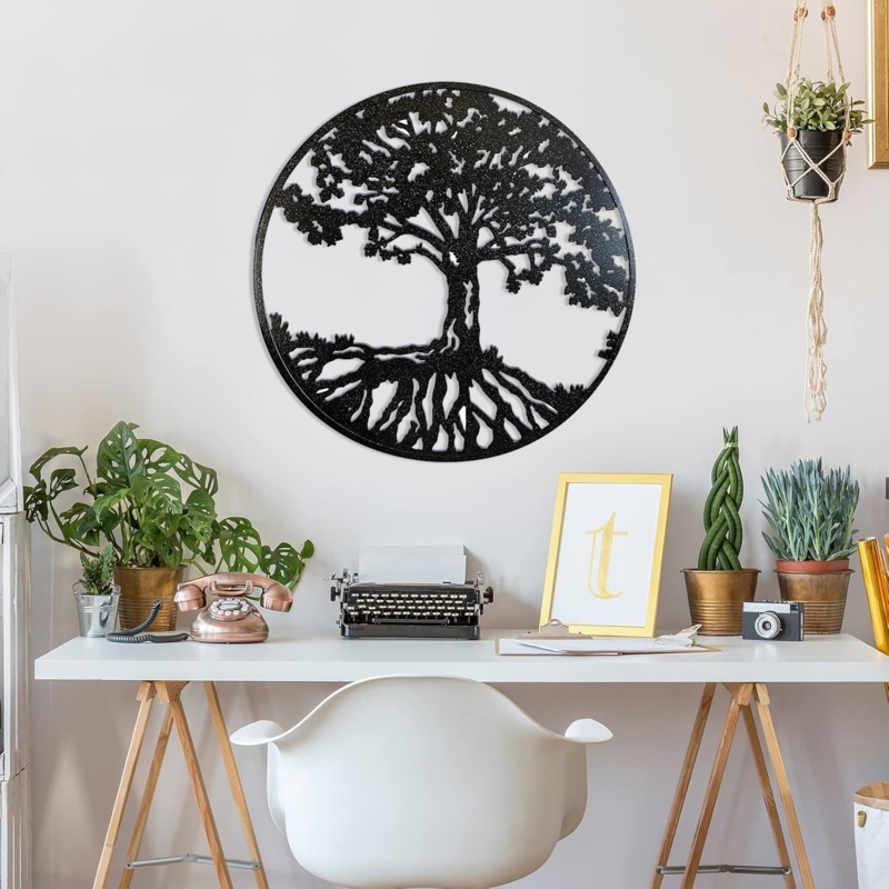 Bohemian Wall Sculpture with Tree of Life Motif in Matte Black