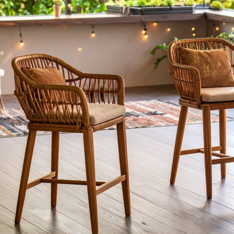 Bohemian Woven Back Barstools with Terracotta Accent Pillows