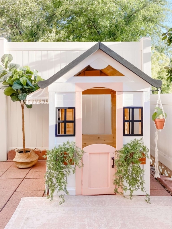 Boho Backyard Playhouse with Fringed Awning & Window Boxes