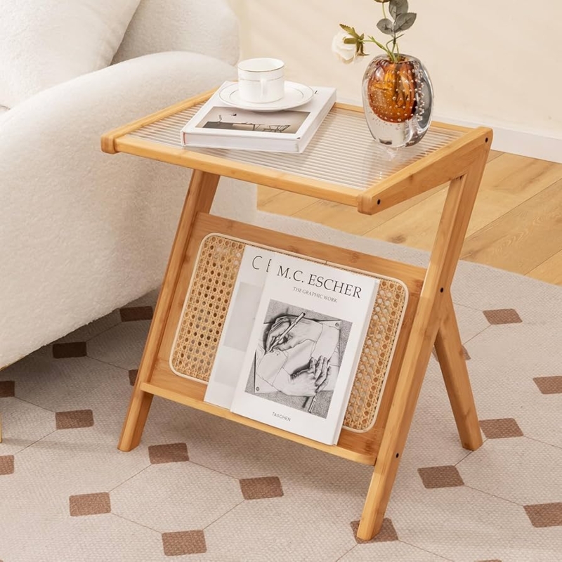 Boho Bamboo Side Table with Ribbed Glass Top & Integrated Cane Rack