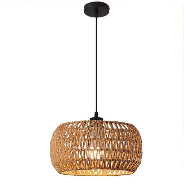 Boho Drum Pendant Light Woven Rattan Natural Fiber Single Bulb Coastal