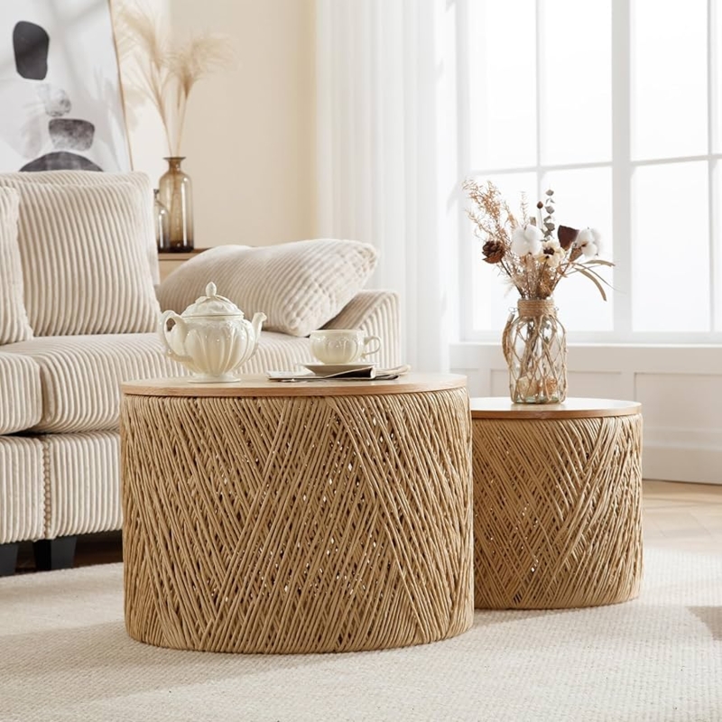 Boho Nesting Coffee Tables Crisscross Rope Weave Storage