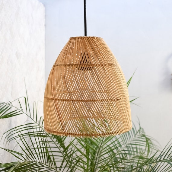 Boho Rattan Pendant Light Open Cross-Weave Horizontal Bands Natural Fiber