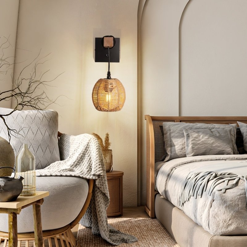 Boho Rattan Wall Sconce with Woven Globe Shade and Wood Block Mounting