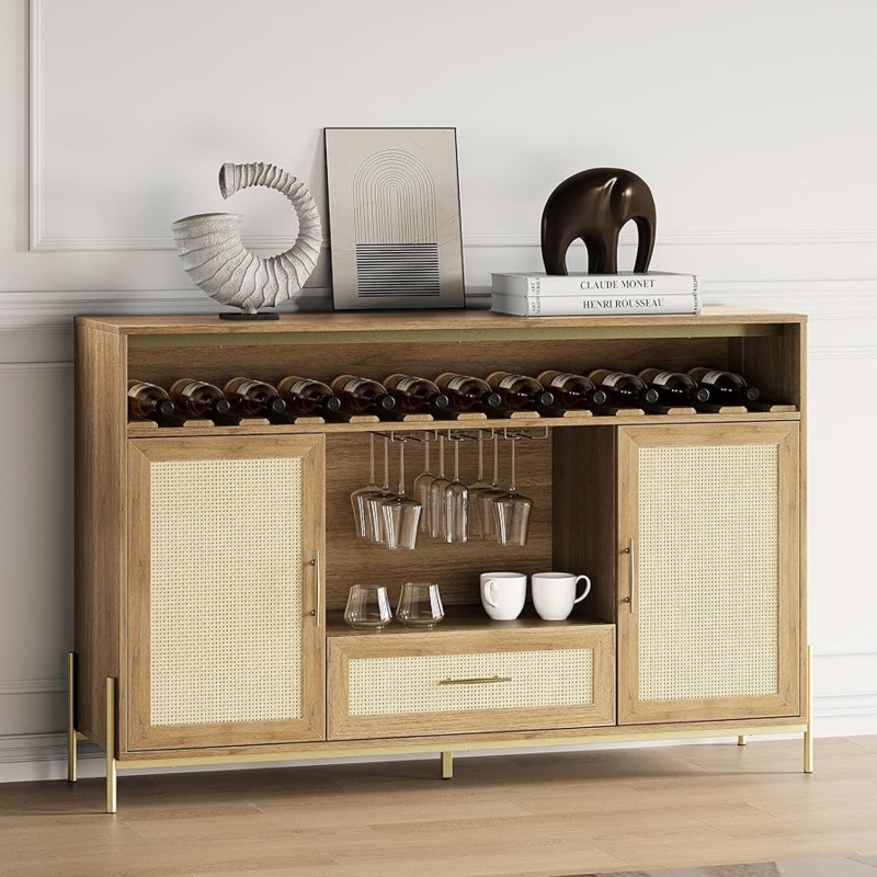 Boho Sideboard Buffet in Camel Wood with Rattan Cane Inlay